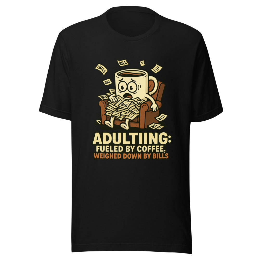 Parody Adulting Coffee Bills Graphic Tee — Designed by @censoredsupply