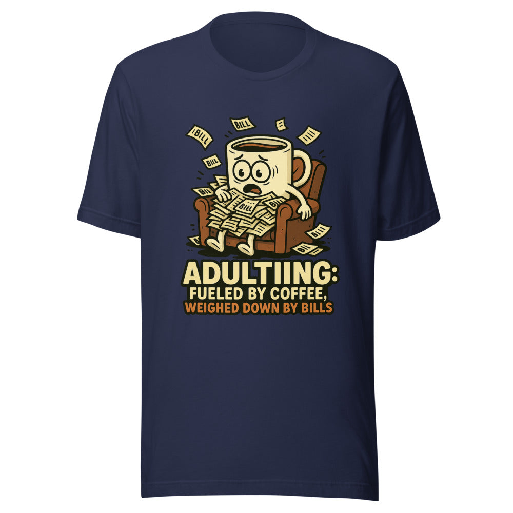 Parody Adulting Coffee Bills Graphic Tee — Designed by @censoredsupply