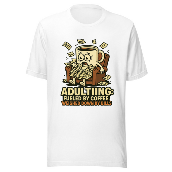 Parody Adulting Coffee Bills Graphic Tee — Designed by @censoredsupply