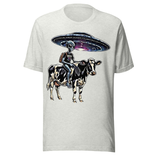 Alien Riding Cow UFO T-Shirt | Extraterrestrial Cowboy Abduction Graphic Tee | Funny Sci-Fi Alien Conspiracy Shirt Unisex