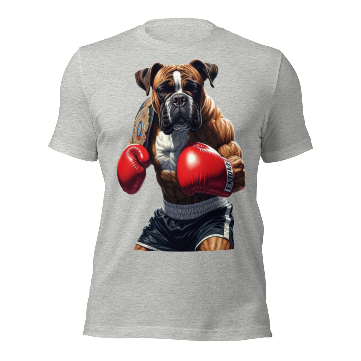 Boxer Dog Champion T-Shirt | Boxing Bulldog with Championship Belt Graphic Tee | Funny Muscular Dog Boxer Meme Shirt Unisex — color option 6