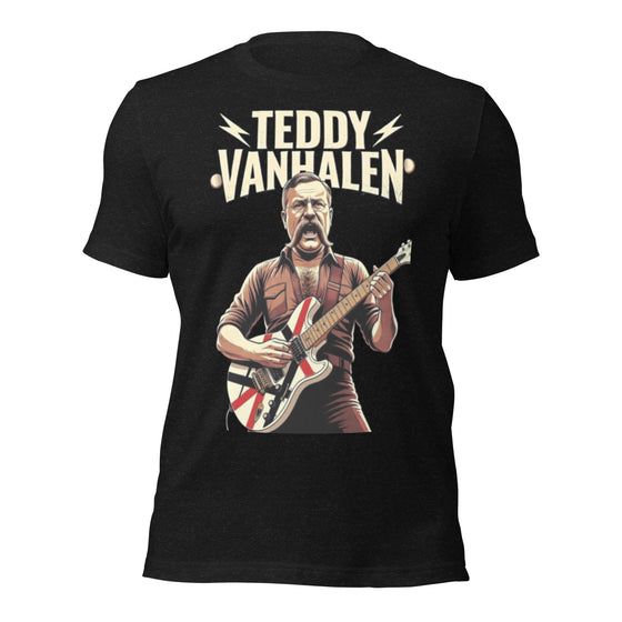 Teddy VanHalen T-Shirt | Teddy Roosevelt Van Halen Guitar Parody Tee | Funny Political Rock Star Meme Graphic Shirt Unisex