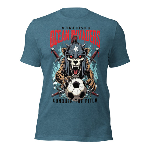 Mogadishu Ocean Invaders Soccer T-Shirt | Mogadishu Invaders Conquer the Pitch Graphic Tee | Somali Pirate Cat Soccer Parody Shirt Unisex