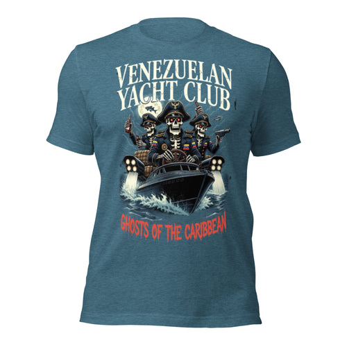 Venezuelan Yacht Club Ghosts of the Caribbean T-Shirt | Pirate Skeleton Speedboat Graphic Tee | Funny Migrant Pirate Parody Shirt Unisex