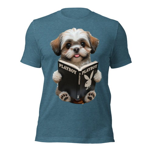 Shih Tzu Taking a Shit Playboy T-Shirt | Funny Shih Tzu Pooping Playboy Magazine Meme Tee | Dog Poop Parody Graphic Shirt Unisex