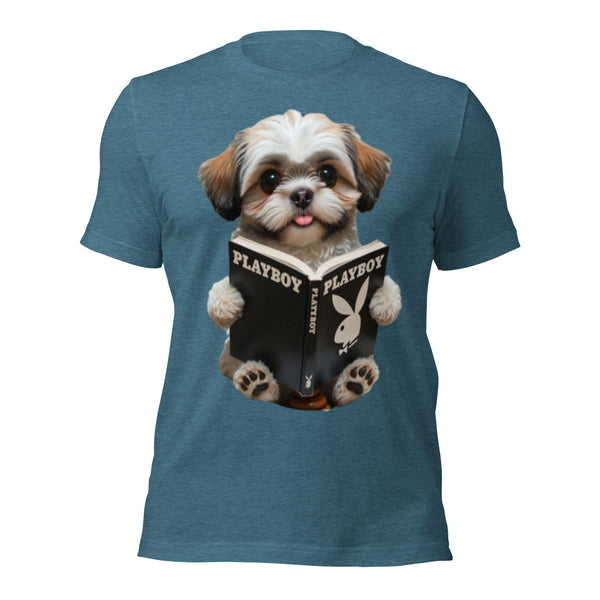Shih Tzu Taking a Shit Playboy T-Shirt | Funny Shih Tzu Pooping Playboy Magazine Meme Tee | Dog Poop Parody Graphic Shirt Unisex