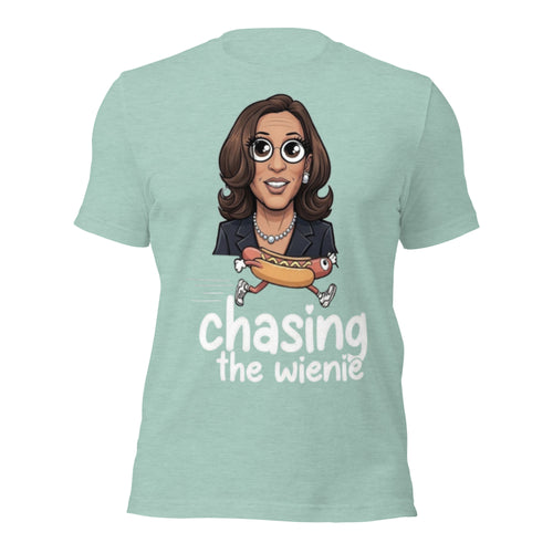 Kamala Harris Chasing the Wiener T-Shirt | Funny Hot Dog Wiener Meme Tee | Kamala Wiener Chase Parody Graphic Shirt Unisex