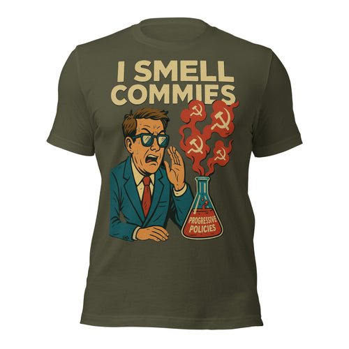 I Smell Commies Funny T-Shirt - Sniffing Out Commie Flowers Parody Tee