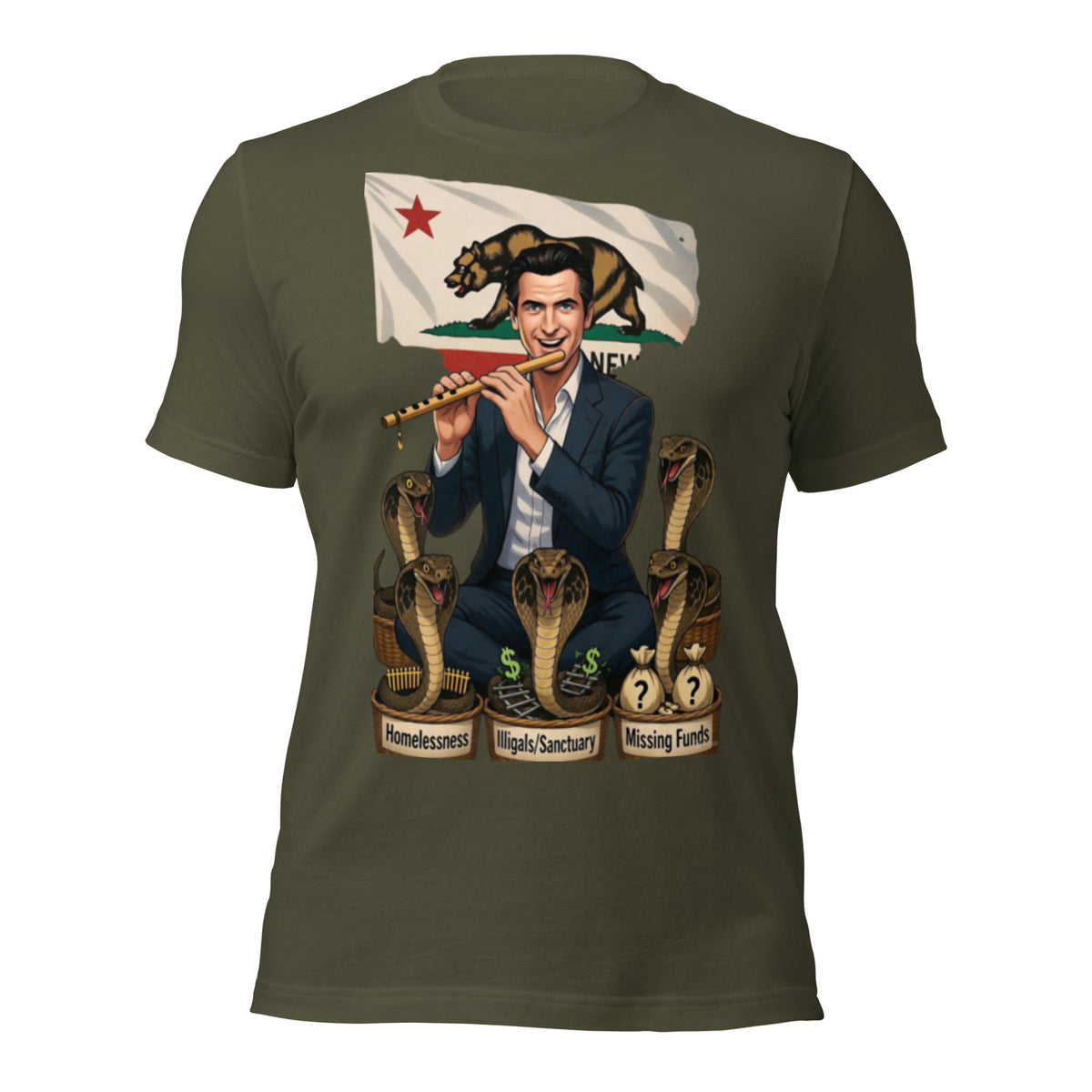 Newsom Snake Charmer California T-Shirt | Gavin Newsom Homeless Illegals Missing Funds Satire Tee | Anti-Newsom Political Meme Graphic Shirt Unisex — color option 5