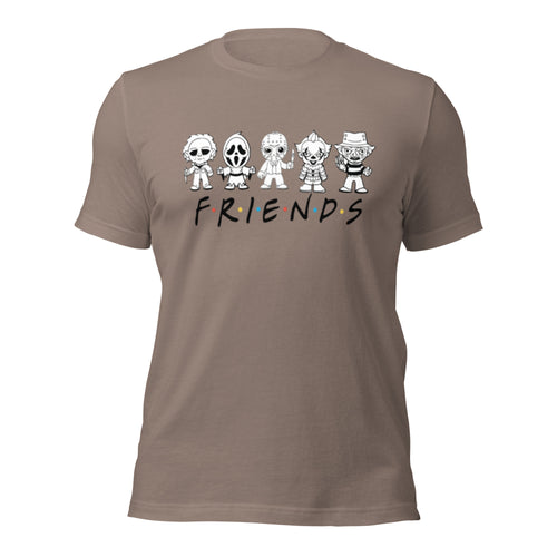 Friends Horror Edition T-Shirt | Chibi Ghostface Jason Michael Myers Freddy Hatman Parody Tee | Spooky Friends Graphic Shirt Unisex