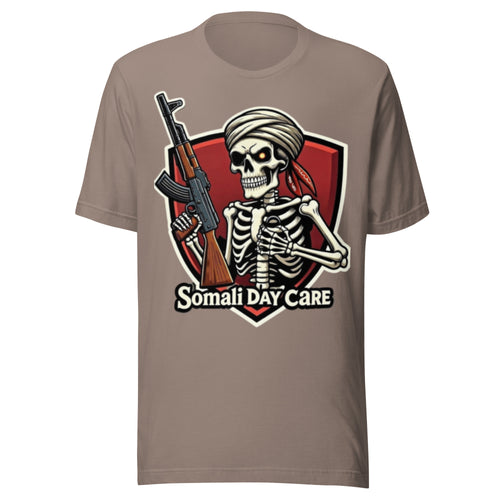 Somali Day Care T-Shirt | Skeleton Turban AK-47 Shield Graphic Tee | Funny Somali Pirate Dark Humor Satire Shirt Unisex