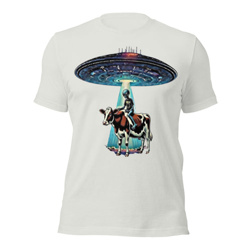 Alien Abducting Cow UFO T-Shirt | Cow Abduction Beam Graphic Tee | Funny Sci-Fi Alien Conspiracy Shirt Unisex