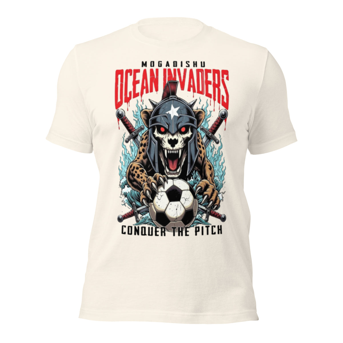 Mogadishu Ocean Invaders Soccer T-Shirt | Mogadishu Invaders Conquer the Pitch Graphic Tee | Somali Pirate Cat Soccer Parody Shirt Unisex — color option 4