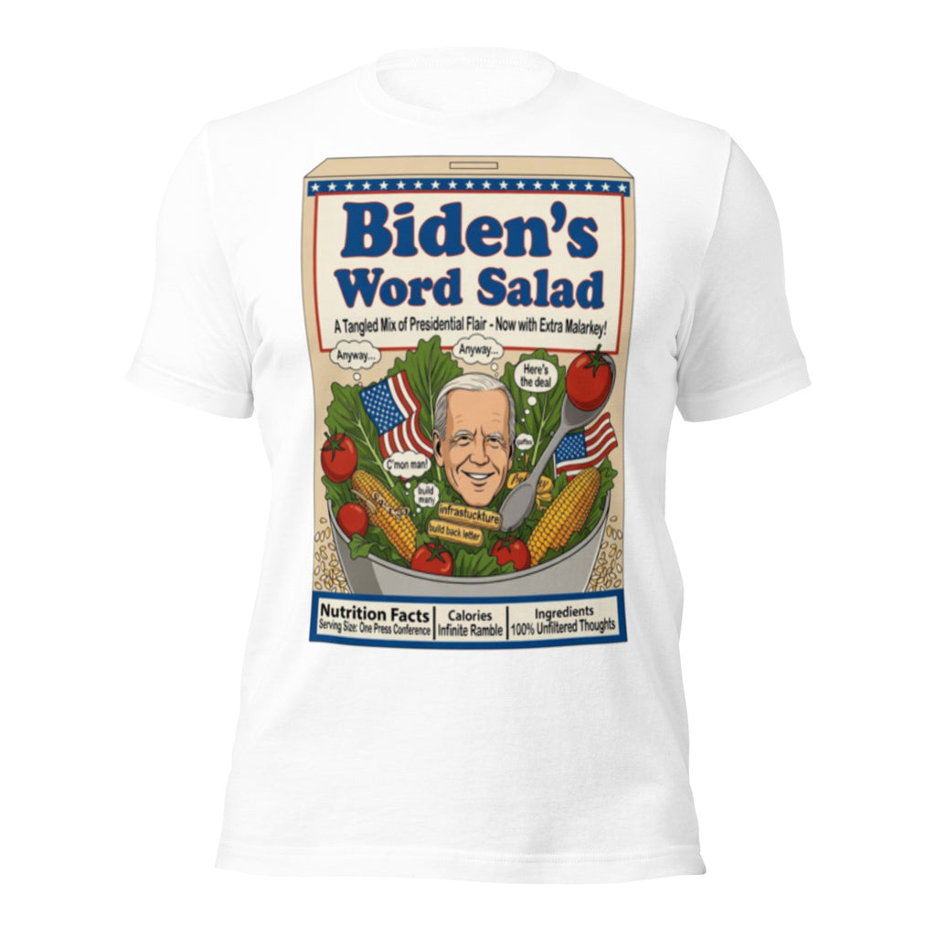 Biden's Word Salad Cereal Box T-Shirt | Funny Biden Gaffe Parody Tee | Presidential Word Salad Meme Graphic Shirt Unisex — color option 3