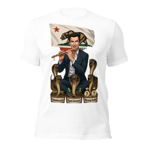 Newsom Snake Charmer California T-Shirt | Gavin Newsom Homeless Illegals Missing Funds Satire Tee | Anti-Newsom Political Meme Graphic Shirt Unisex